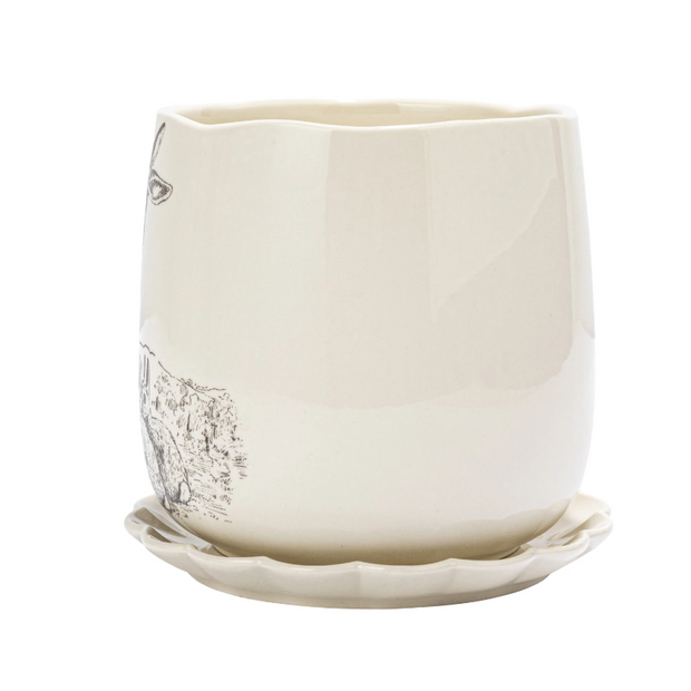 Stoneware Planter w/ Rabbits & Scalloped Saucer