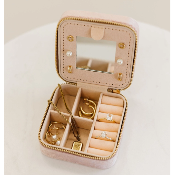 Eloise Velvet Travel Jewelry Box Organizer with Mirror - Rose Quartz