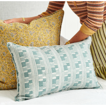 Chowk Celadon Linen Pillow - 14" x 22"