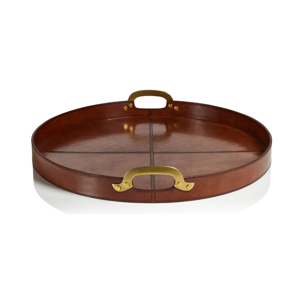 Aspen Leather with Brass Handles Round Tray - Large