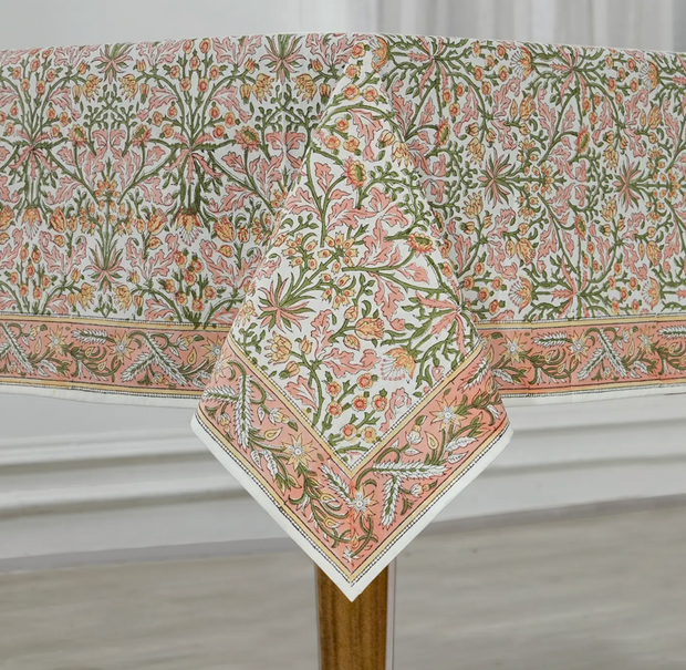Salmon and Emerald Green Cotton Blockprint Tablecloth