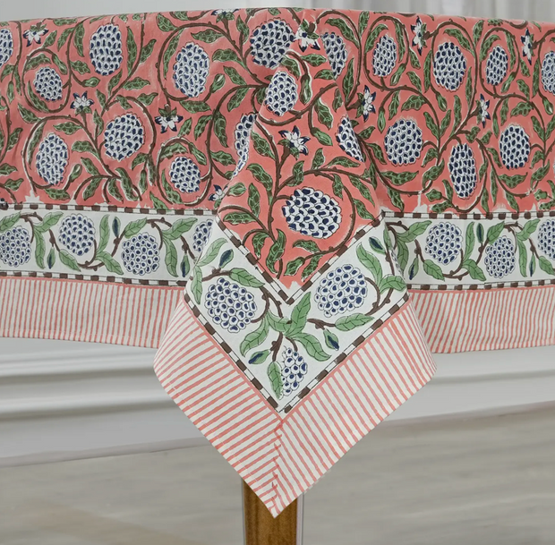 Dark Salmon Pink Hand Block Print Cotton Tablecloth