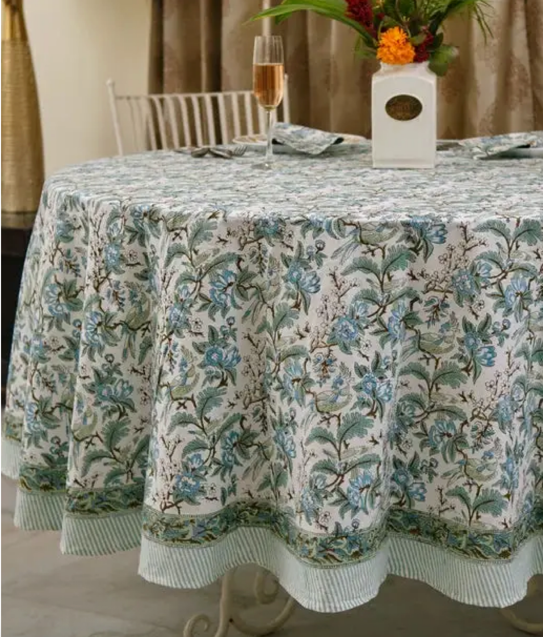 Sage Indian Hand Block Floral Printed Cotton Table Cover