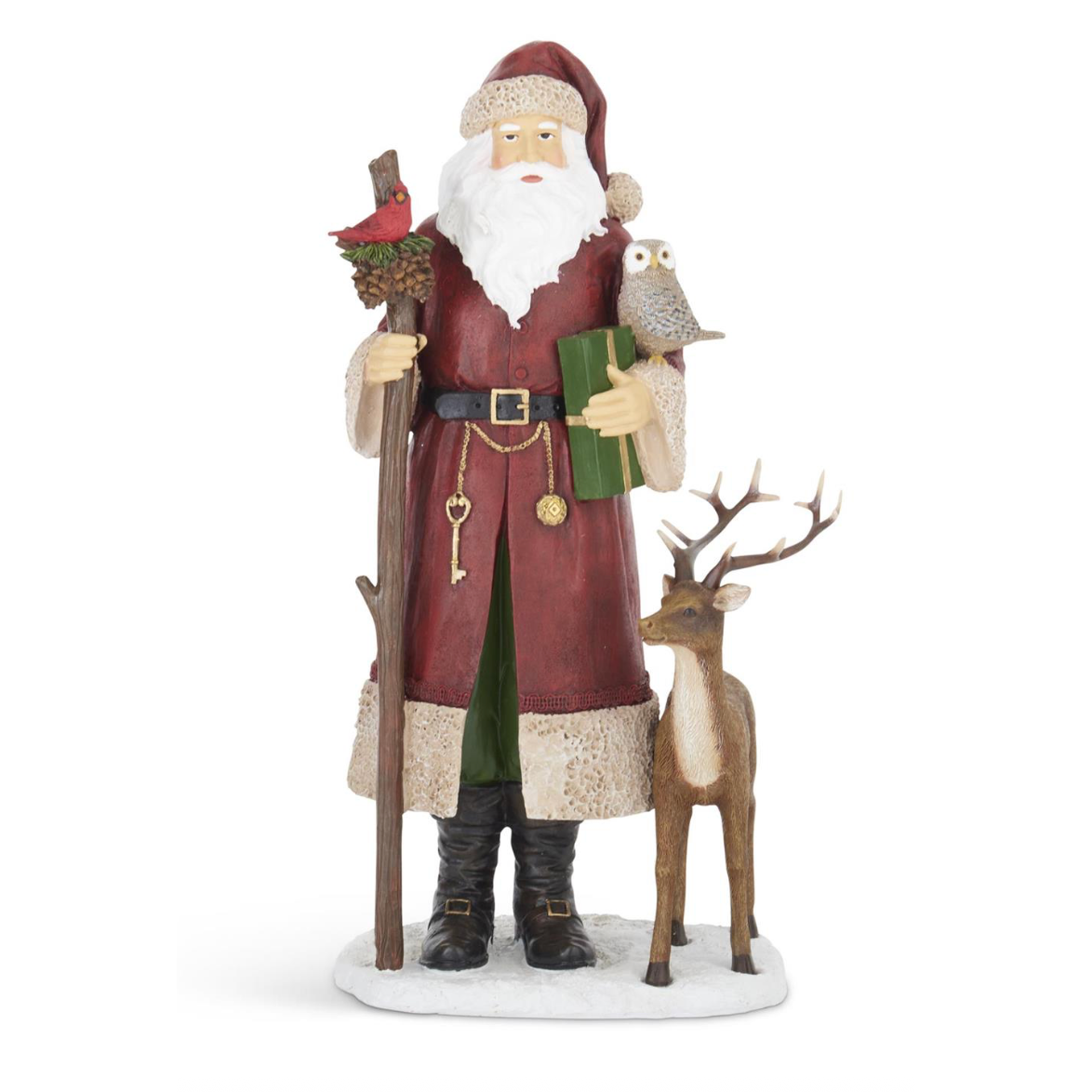 15.25 in. Red Coat Santa w/ Cardinal, Owl & Reindeer