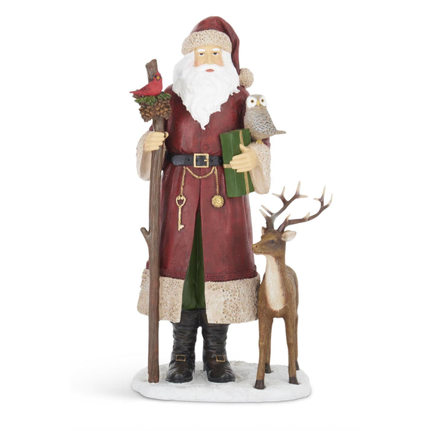 15.25 in. Red Coat Santa w/ Cardinal, Owl & Reindeer