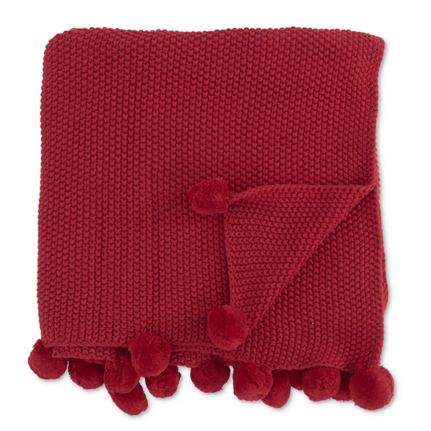 60" Stitch Knit Throw Blanket W/Pompom Trim