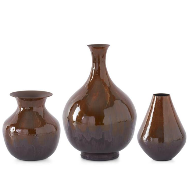 Brown & Burgundy Metal and Enamel Vases