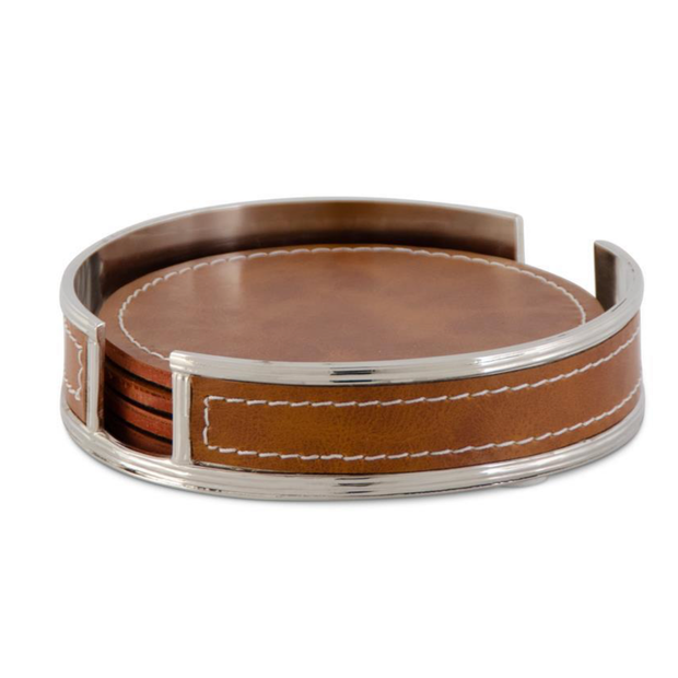 Silver with Brown Leather Coasters