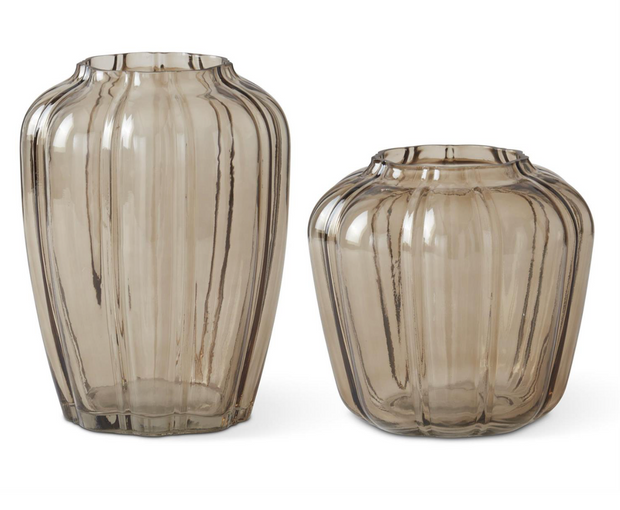 Scalloped Beige Line Pressed Glass Vases