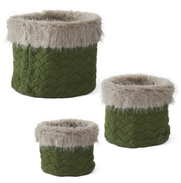 Faux Fur Trimmed Green Knit Nesting Baskets w/ Liners