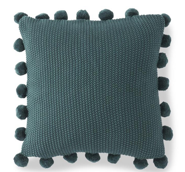 20 inch Moss Stitch Hunter Green Pillow  w/ Pom Pom Trim