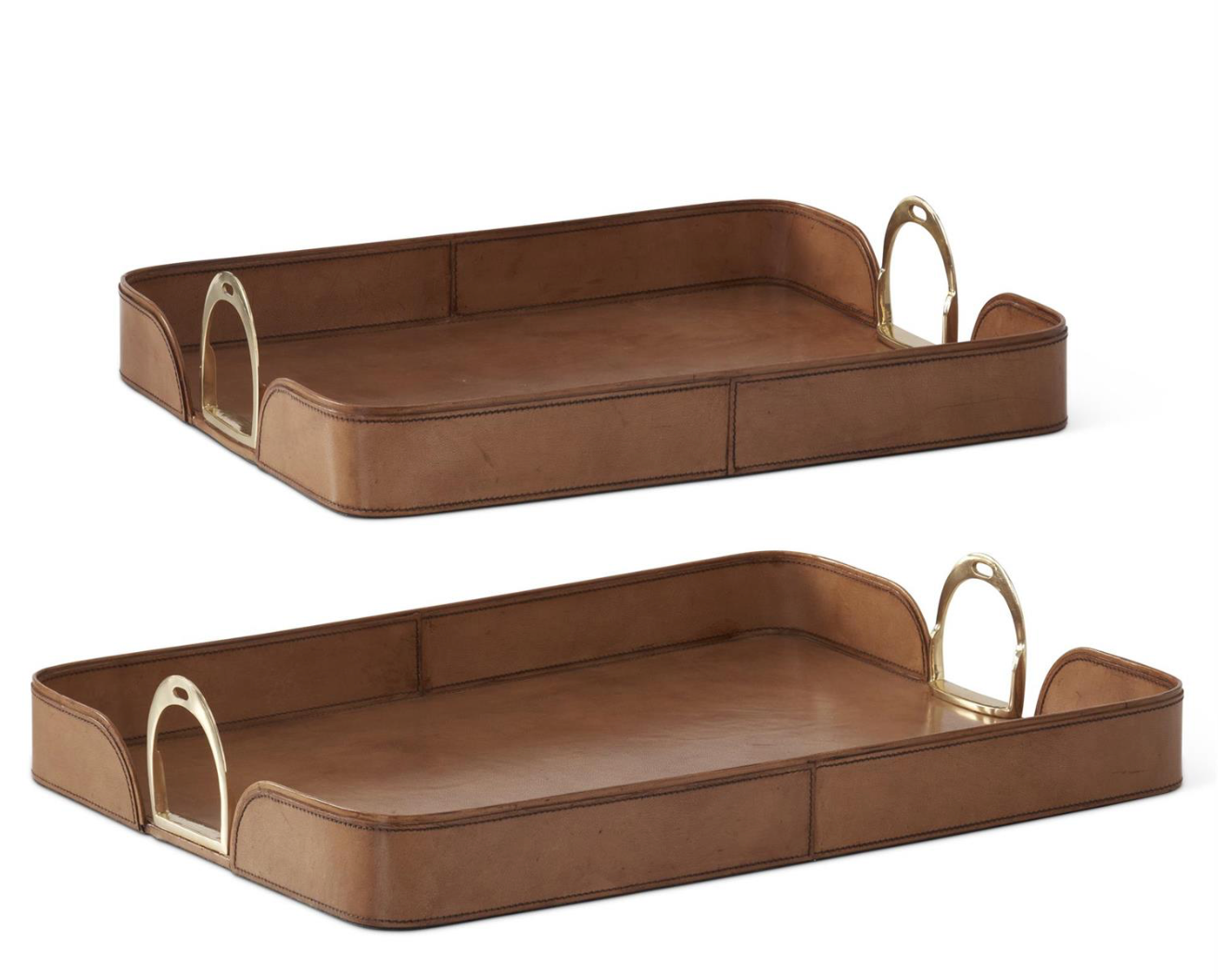 Nesting Brown Leather Trays w/ Brass Handles