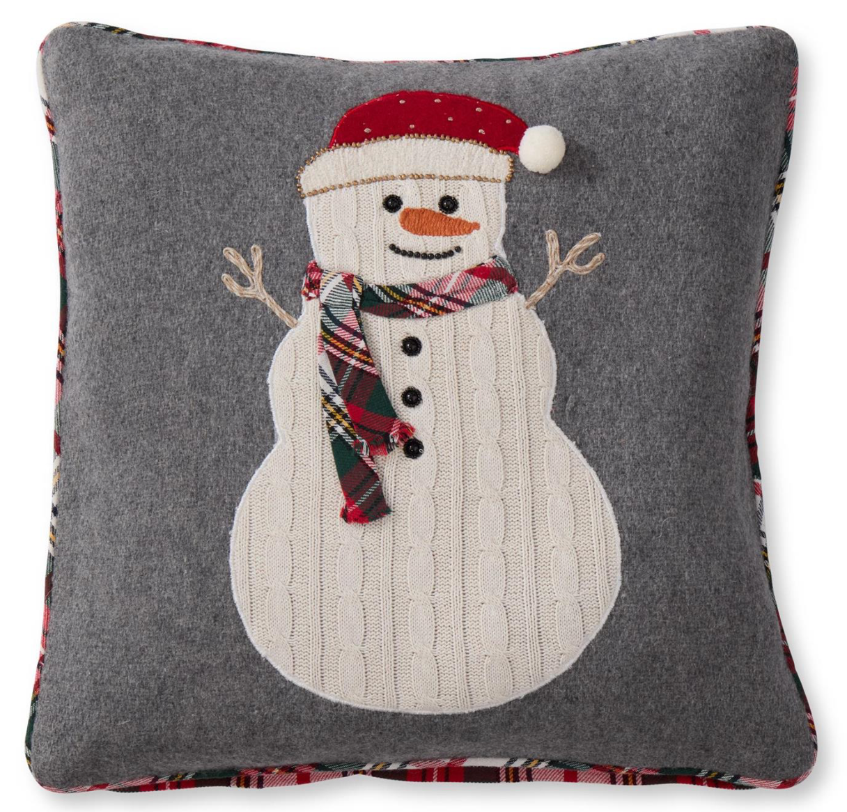 Grey Wool & Cotton Pillow w/ Knit Snowman