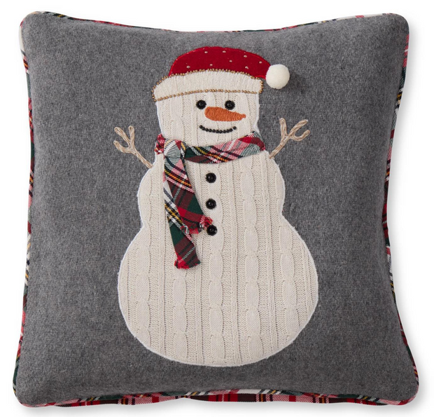 Grey Wool & Cotton Pillow w/ Knit Snowman