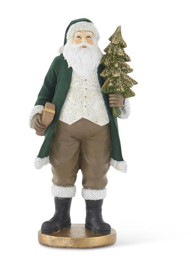 13 inch Dark Green Velvet Santa w/ Gold Glitter Tree