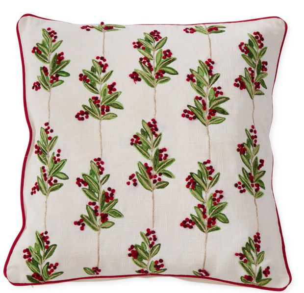 Cream Cotton Pillow Pillow w/ Holly Berry Leaves