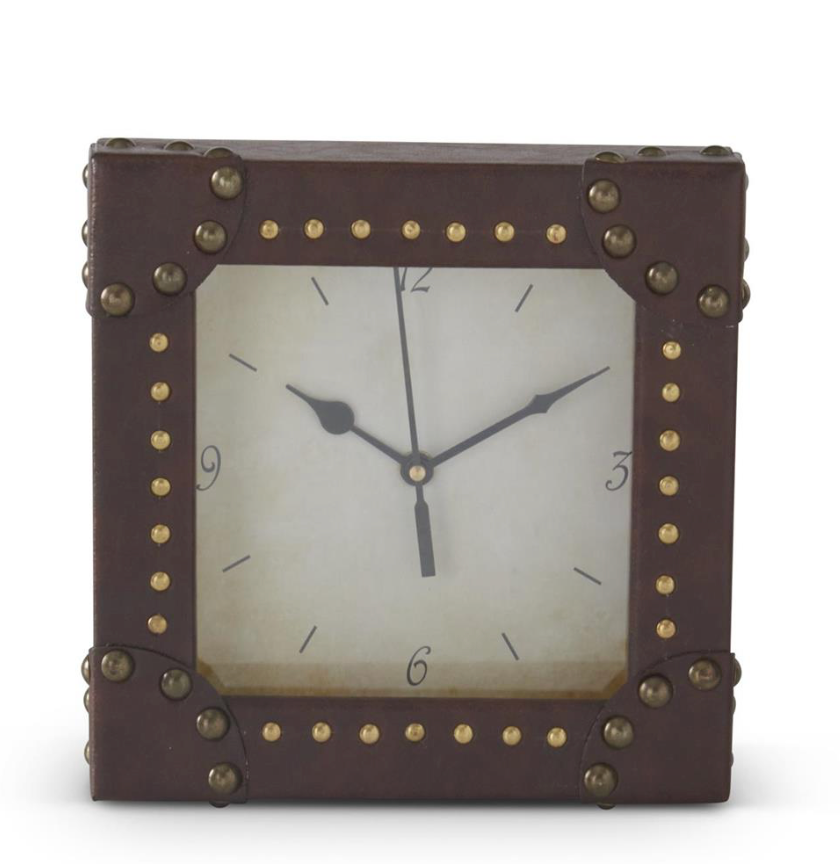 6 inch Square Brown Leather & Gold Rivet Clock