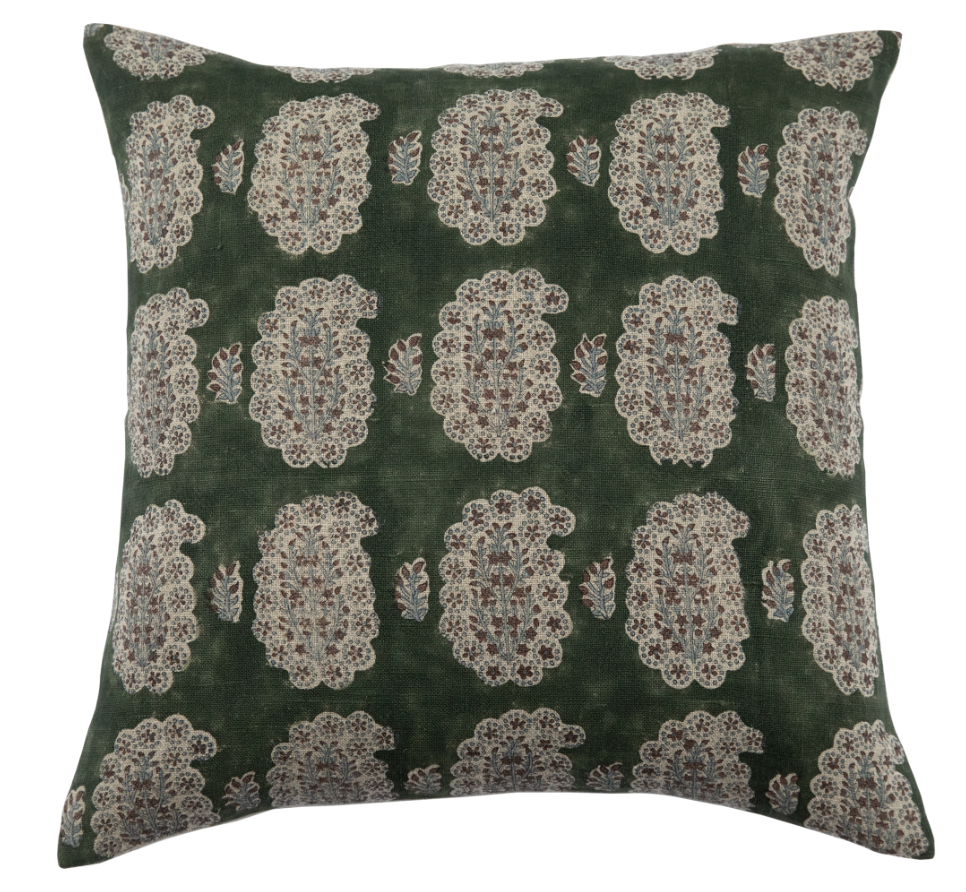 Cefalu Olive Hand Block-Printed Linen Pillow