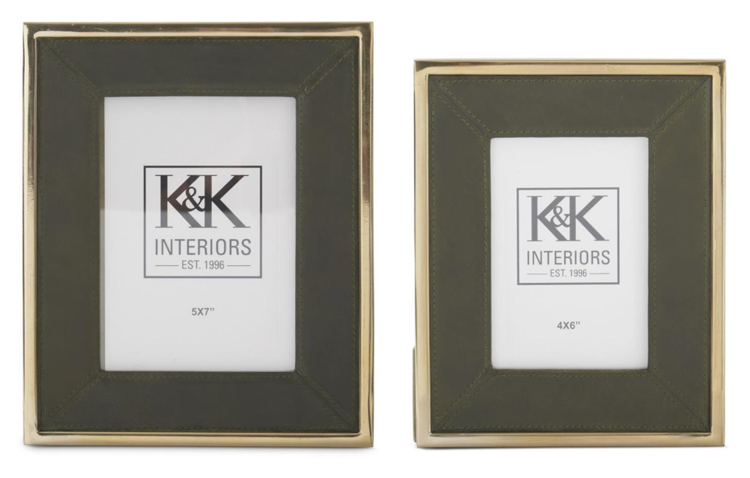 Green Leather Photo Frame with Gold Trim