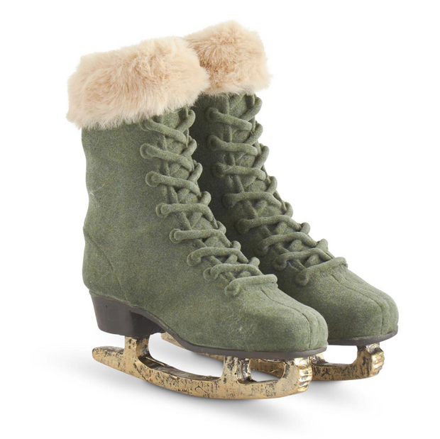 Sage Green Velvet Ice Skates w/Beige Faux Fur Trim