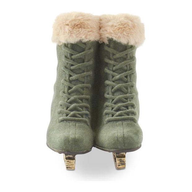 Sage Green Velvet Ice Skates w/Beige Faux Fur Trim