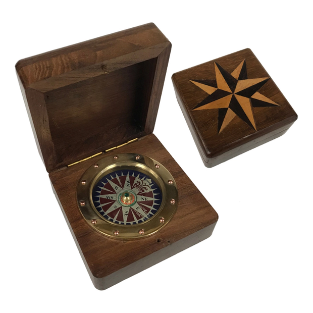 Wood Compass Box w/Rose Design & Brass