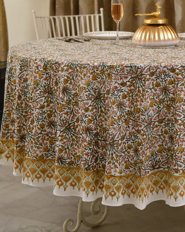 Brown Indian Hand Block Print Round Tablecloth
