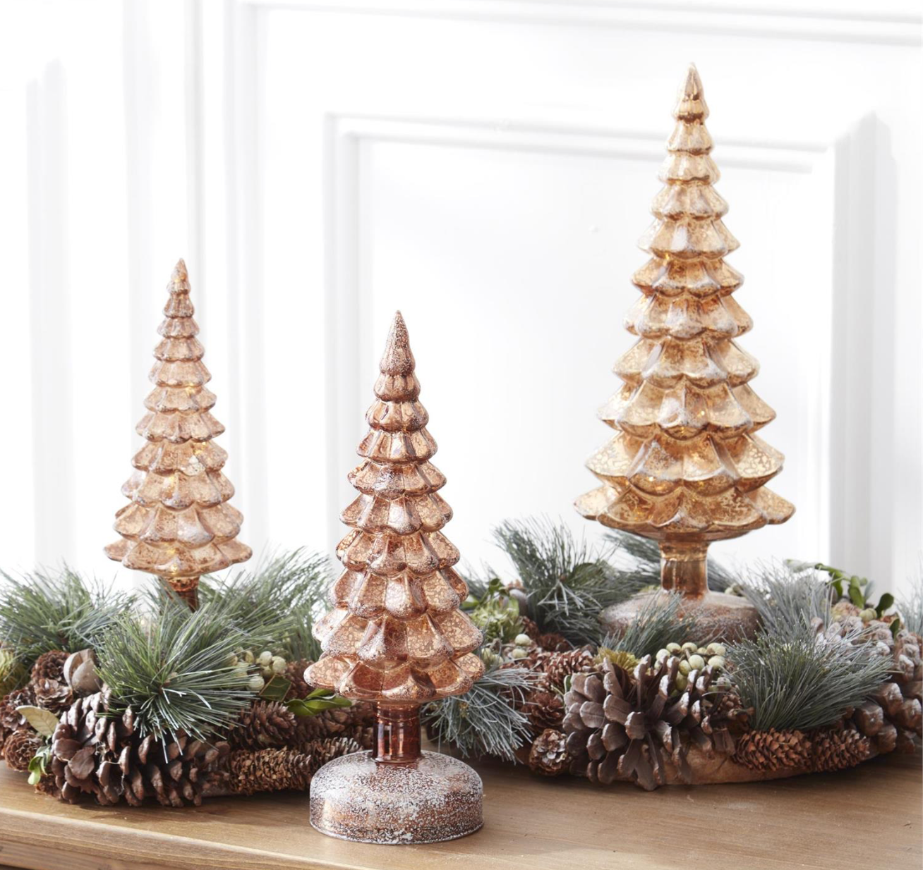 Frosted Copper LED Mercury Glass Tree on Pedestal w/Timers