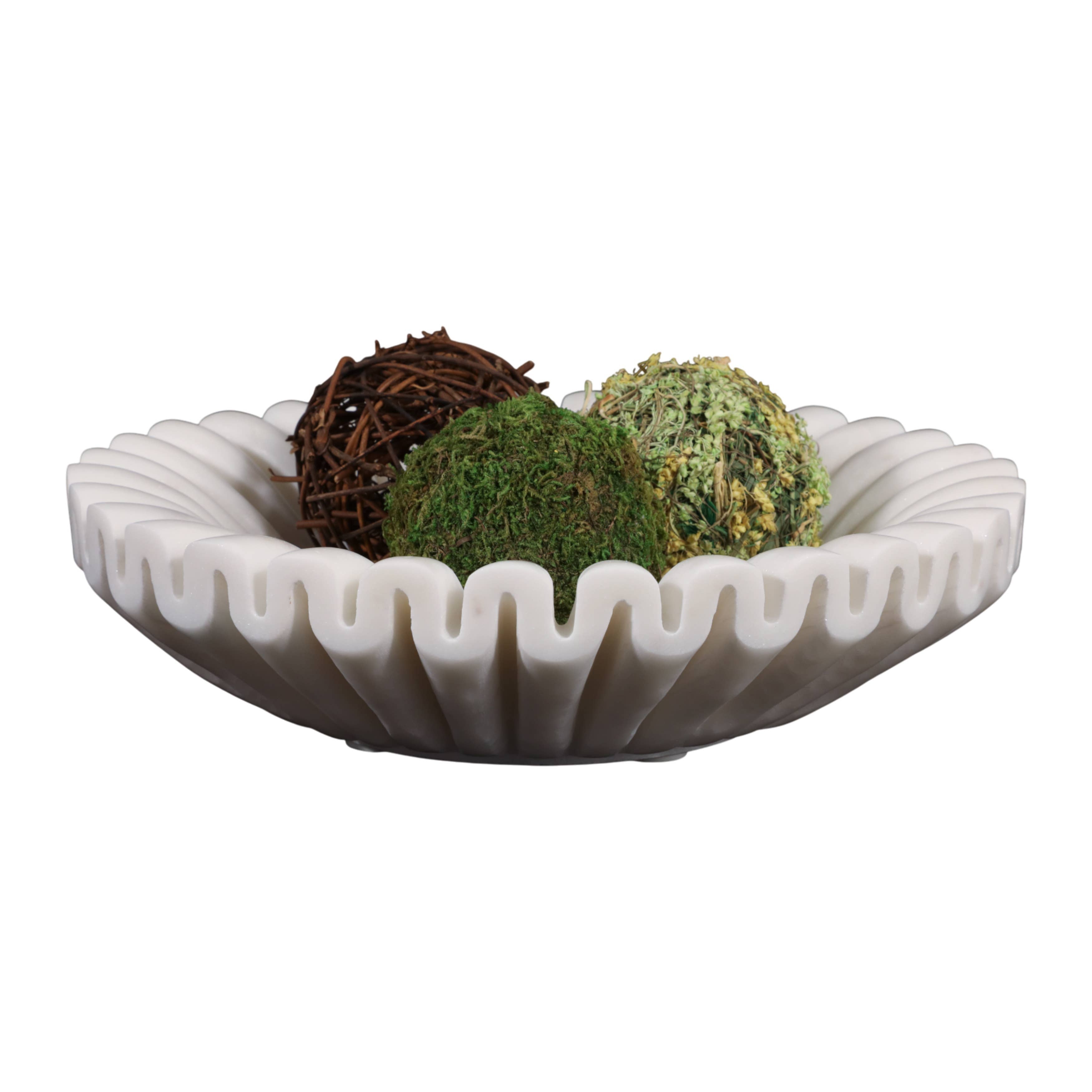 Decorative Bowl - White Marble Pleated Ribbed Design, 12 in.
