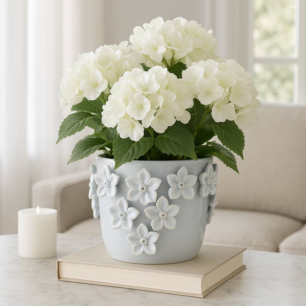 Planter - White Ceramic Raised 3D Floral Applique, 8 in.
