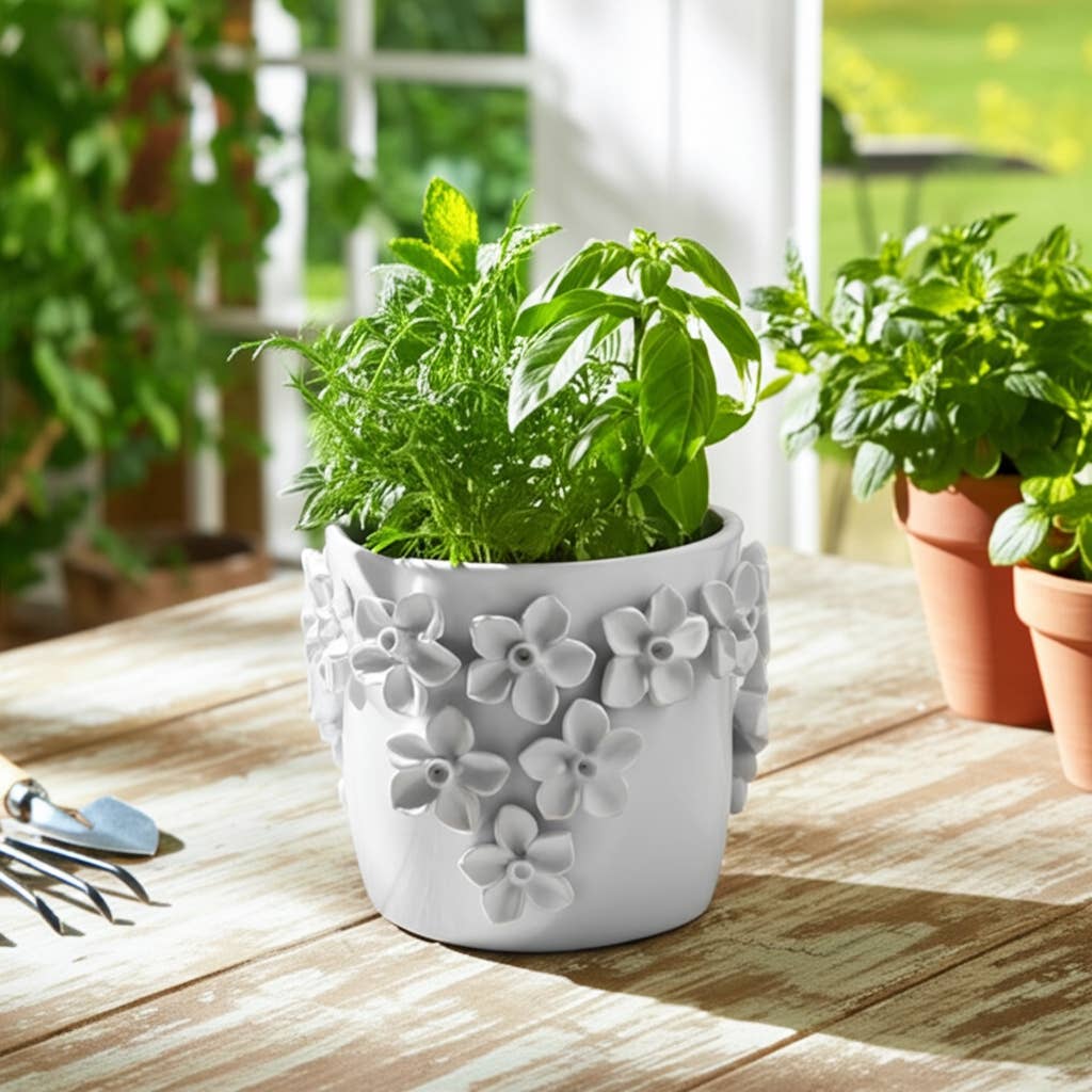 Planter - White Ceramic Raised 3D Floral Applique, 8 in.