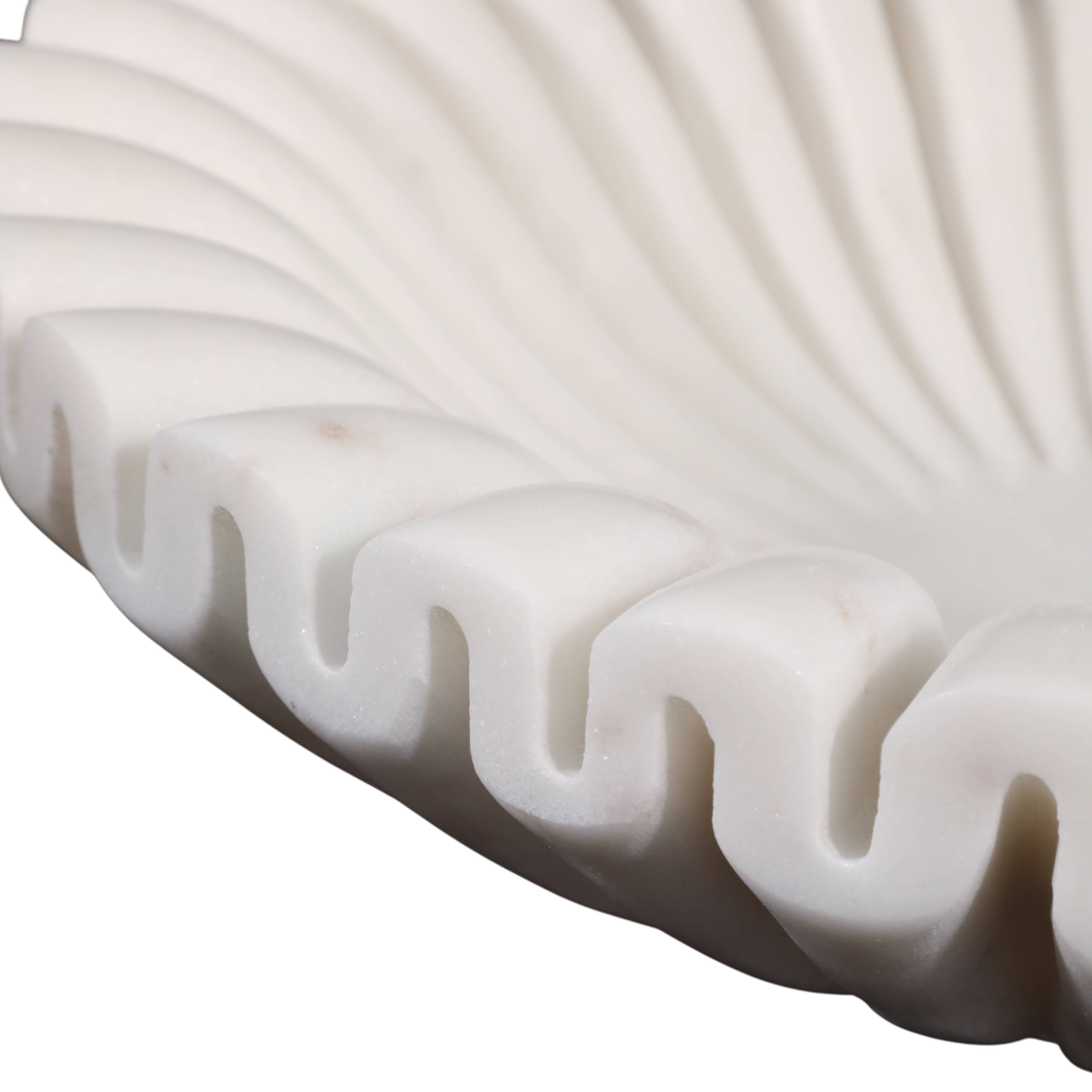 Decorative Bowl - White Marble Pleated Ribbed Design, 12 in.