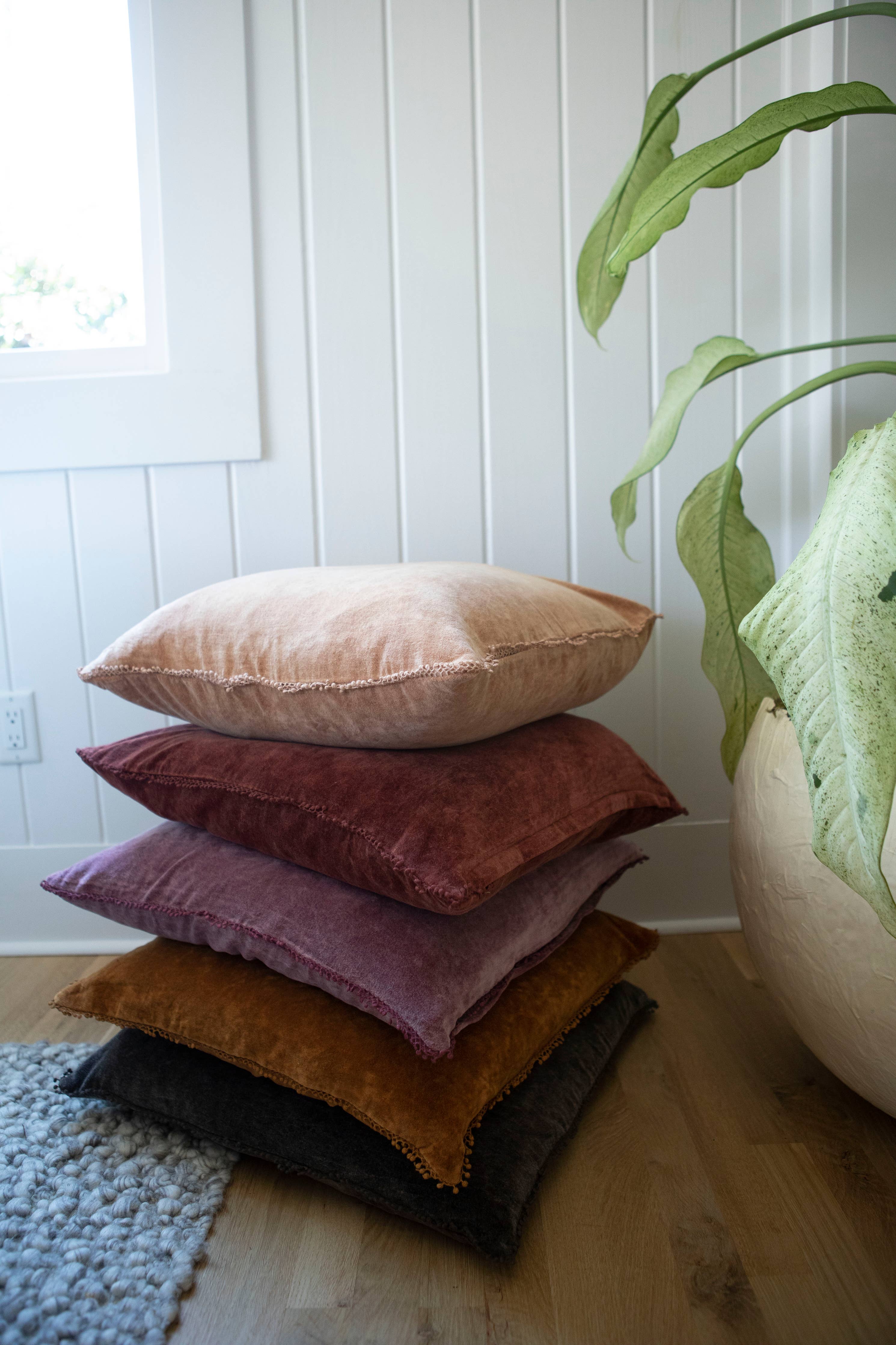 Velvet Pillow With Poms in Mauve - 22