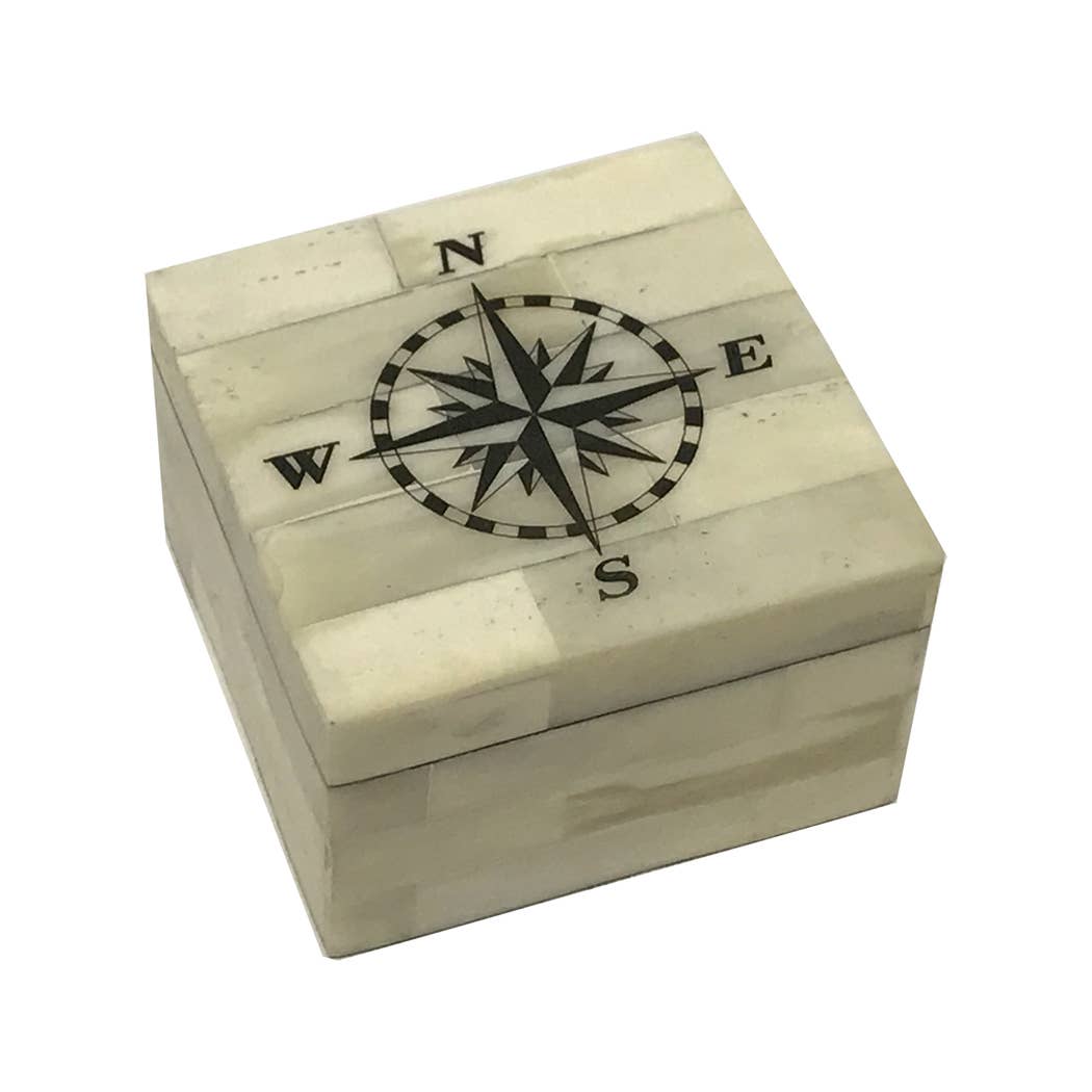 Compass Rose Scrimshaw Decorative Trinket Bone Box, 3-1/4