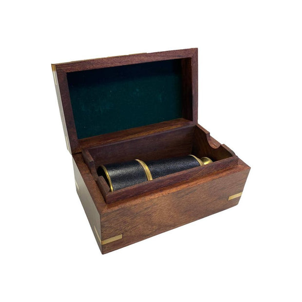 Brass Leather-Wrapped Pocket Telescope w/ Wood Display Box