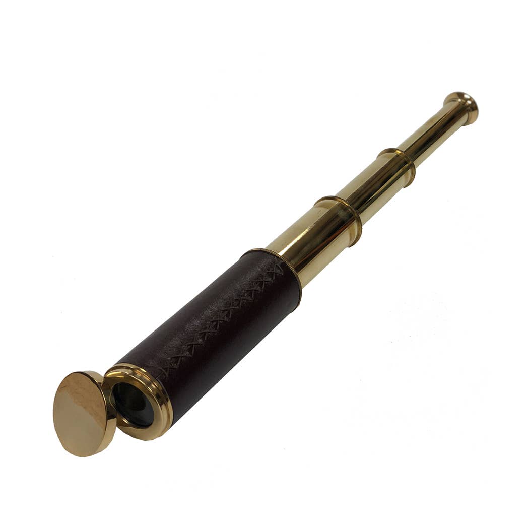 Polished Brass Leather-Wrapped 10X Telescope, 14