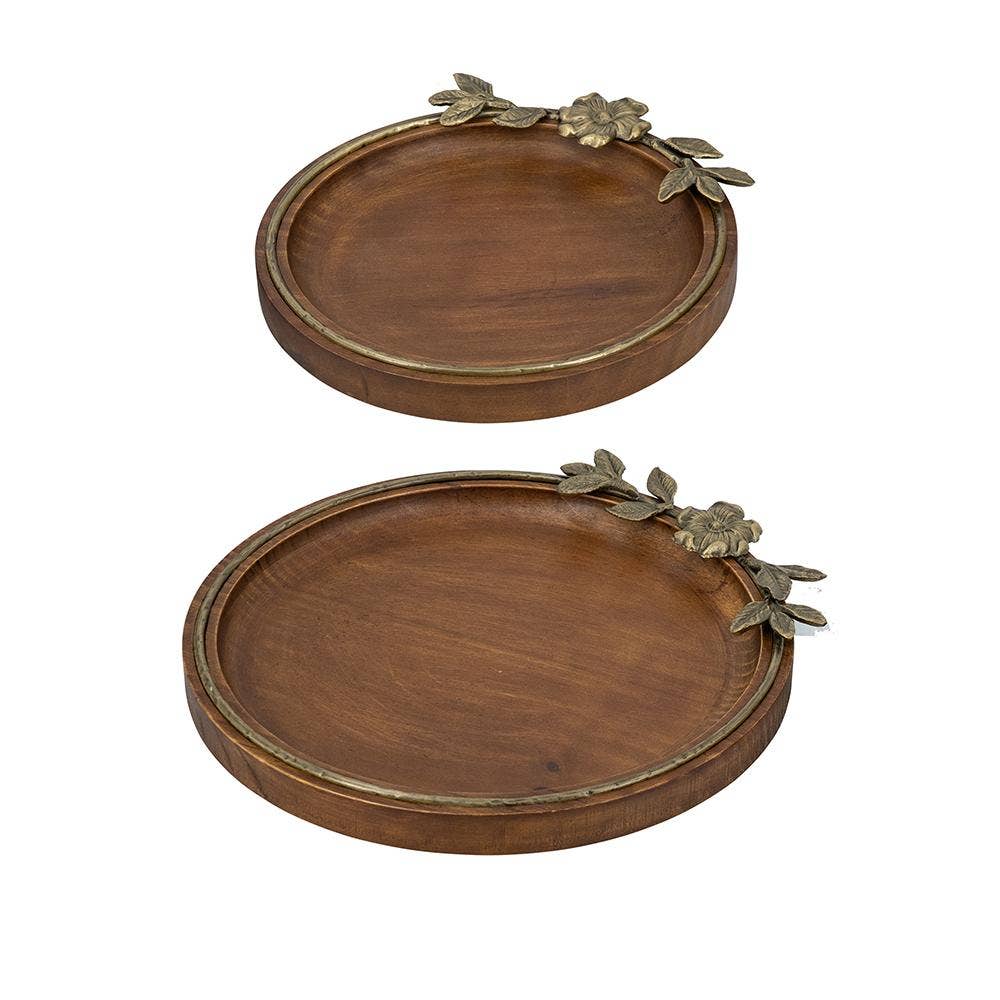 Decorative Brown Pine Wood Trays w/ Gold Branch Accent