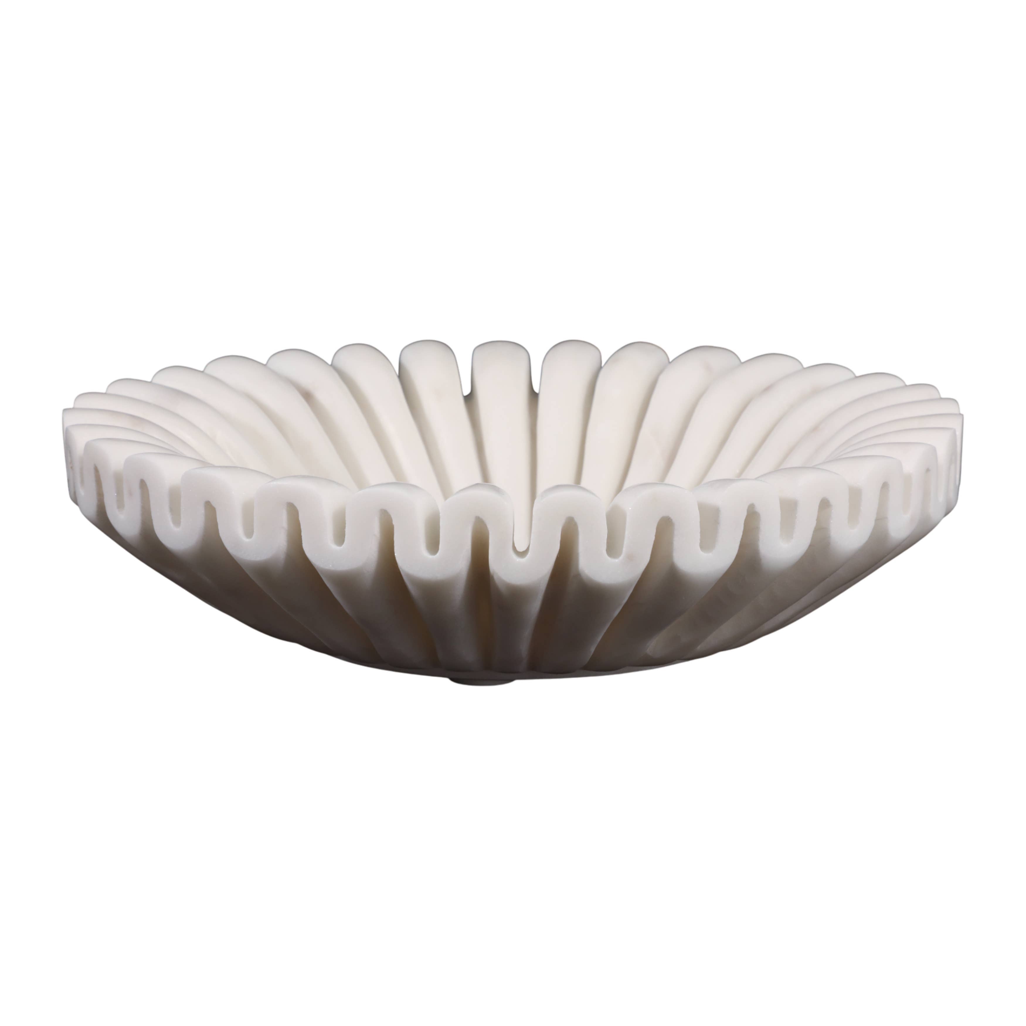 Decorative Bowl - White Marble Pleated Ribbed Design, 12 in.