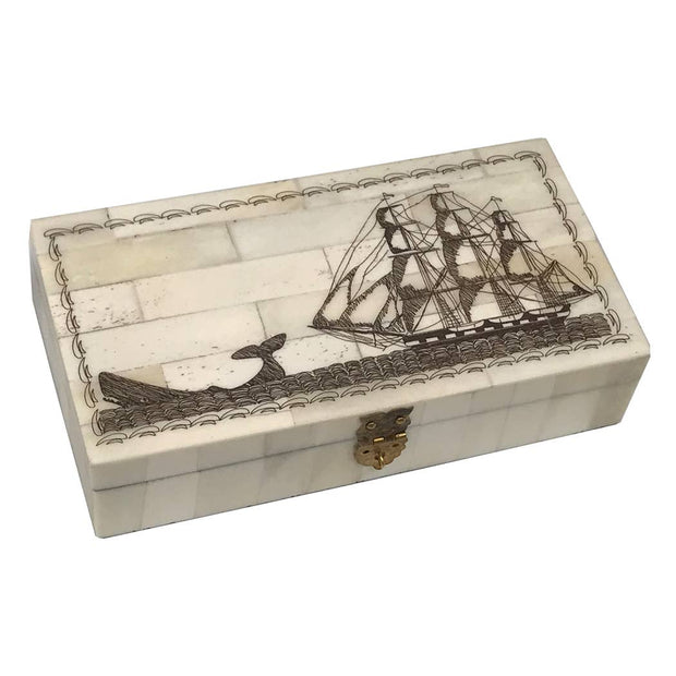6-1/4" Engraved Whale Chase Scrimshaw Bone Box