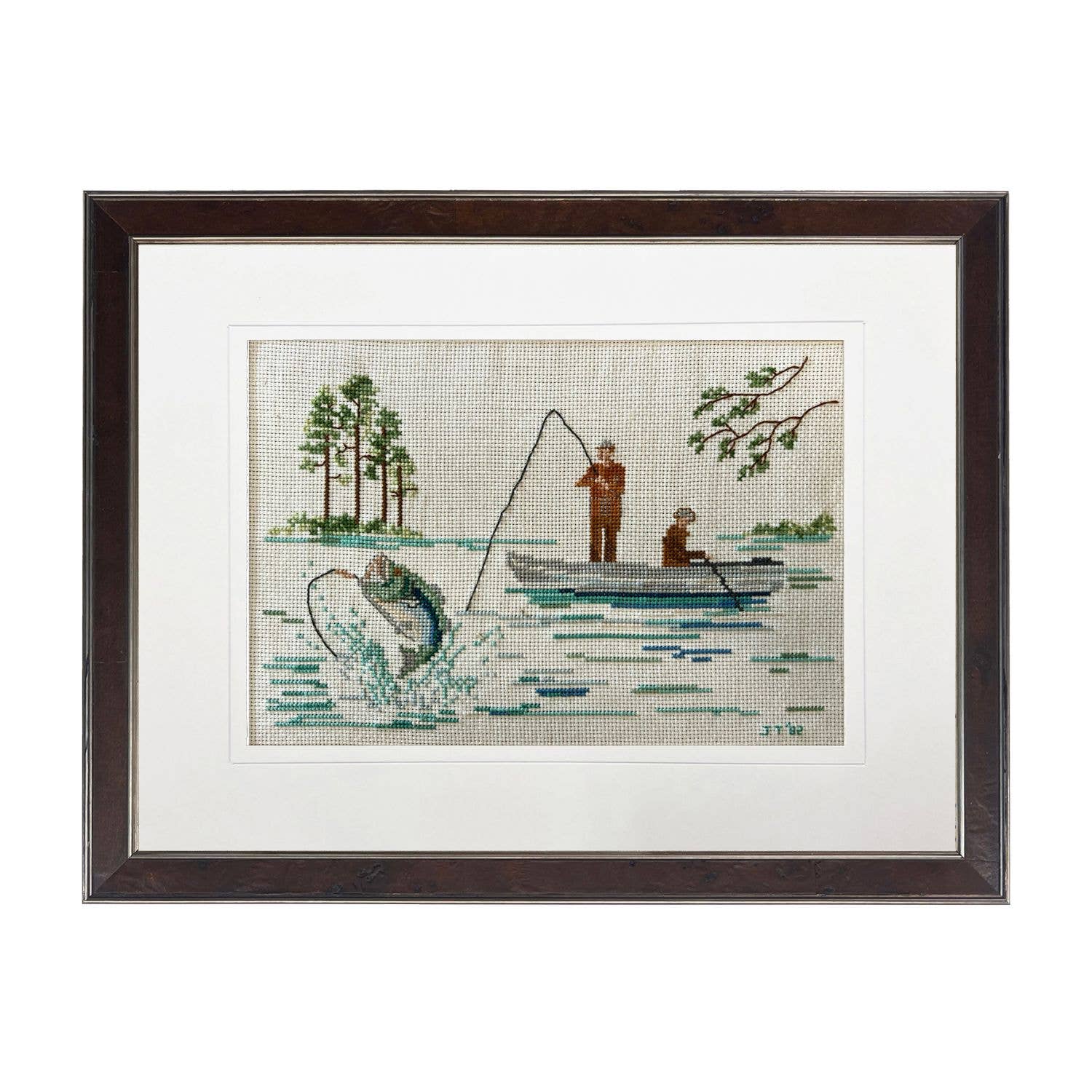 Vintage Fishing Cross Stitch Matted in Cream