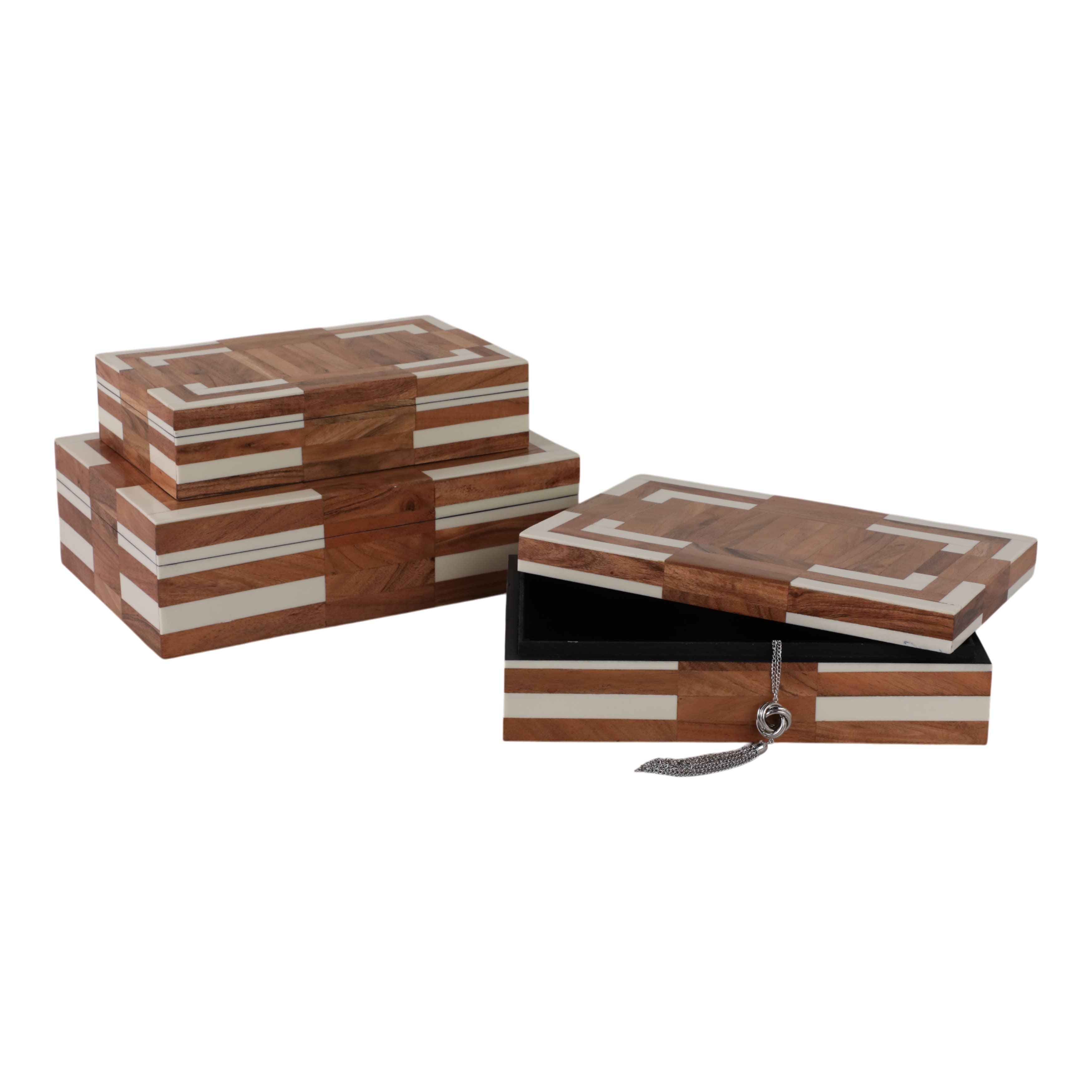 Set of 3 Decorative Boxes – Ivory Wood & Resin Inlay, 10/11/12 in.