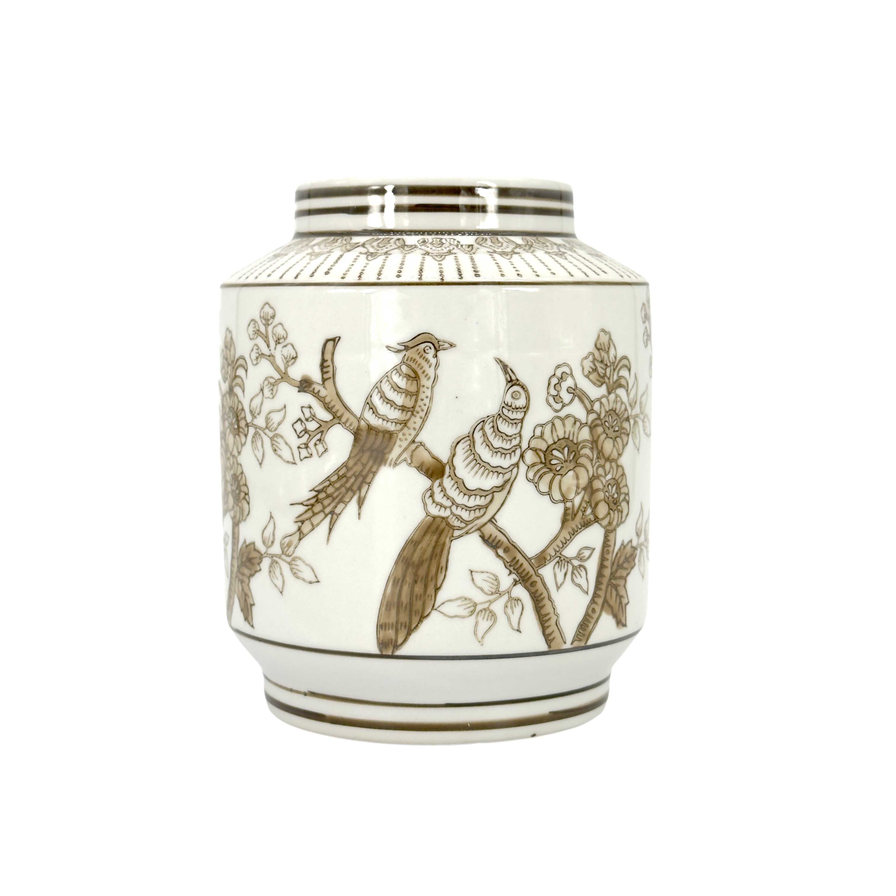 Brown Ceramic Cylinder Chinoiserie Vase 6.7