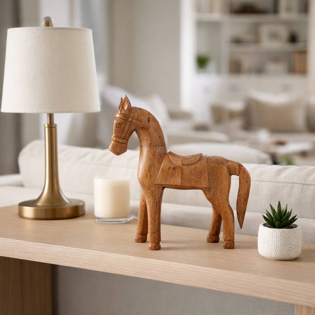 Figurine - Brown Wood Standing Horse with Saddle, 12 in.