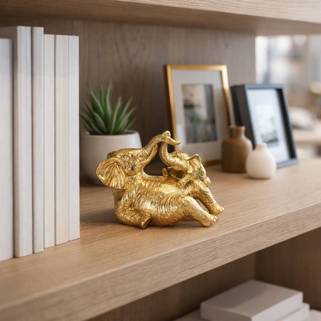 Figurine - Gold Polyresin Playful Elephants, 7 in.
