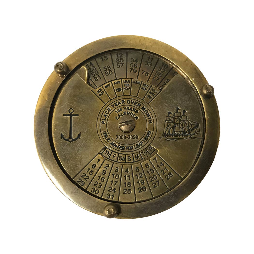 Antiqued Brass Compass With 100-Year Calendar