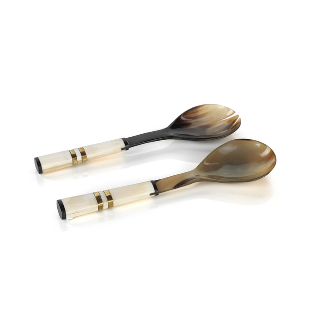 Côte d'Ivoire Salad Server Set in Variegated Horn with White Bone Handle