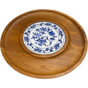 Vintage Blue Onion Ceramic & Teak Board