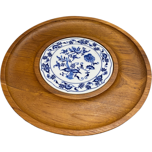 Vintage Blue Onion Ceramic & Teak Board