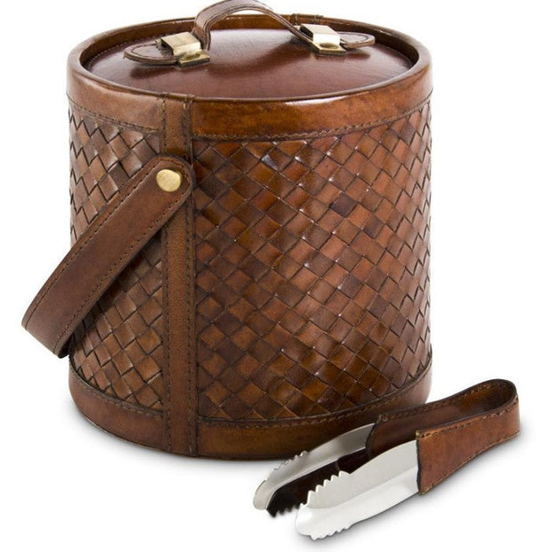 Tan Leather Basket Weave Ice Bucket with Tongs